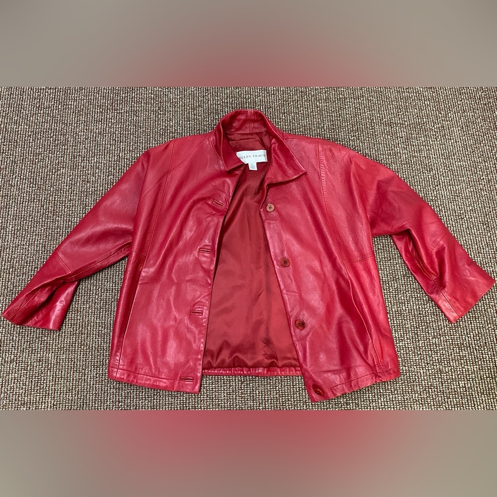 Women's Medium Ellen Tracy Red Leather Satin Lined Button Closure Jacket Coat